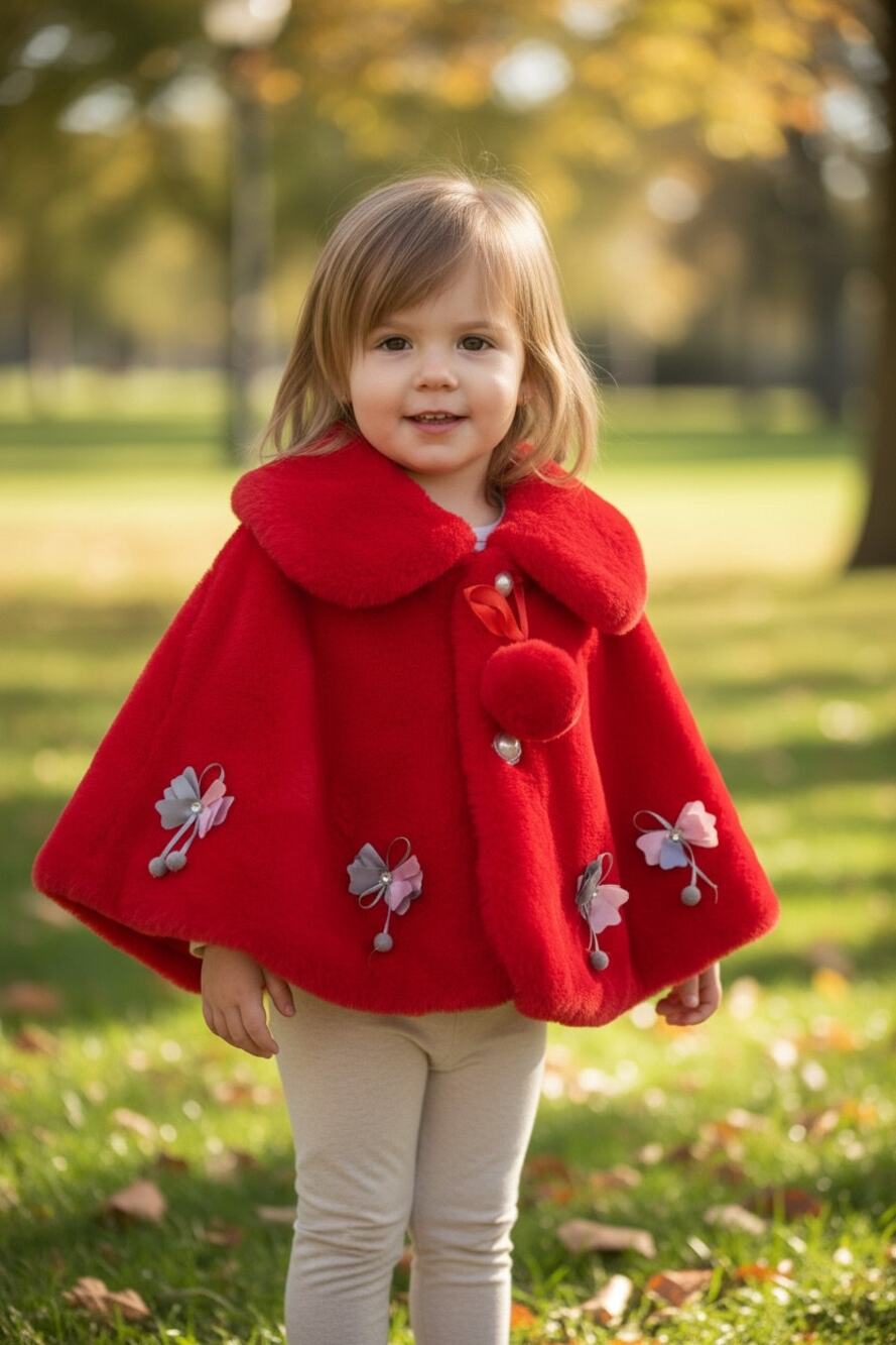 Red Fluffy Jacket Cape Coat Little Girls Pom Poms Flowers No brand Size Large